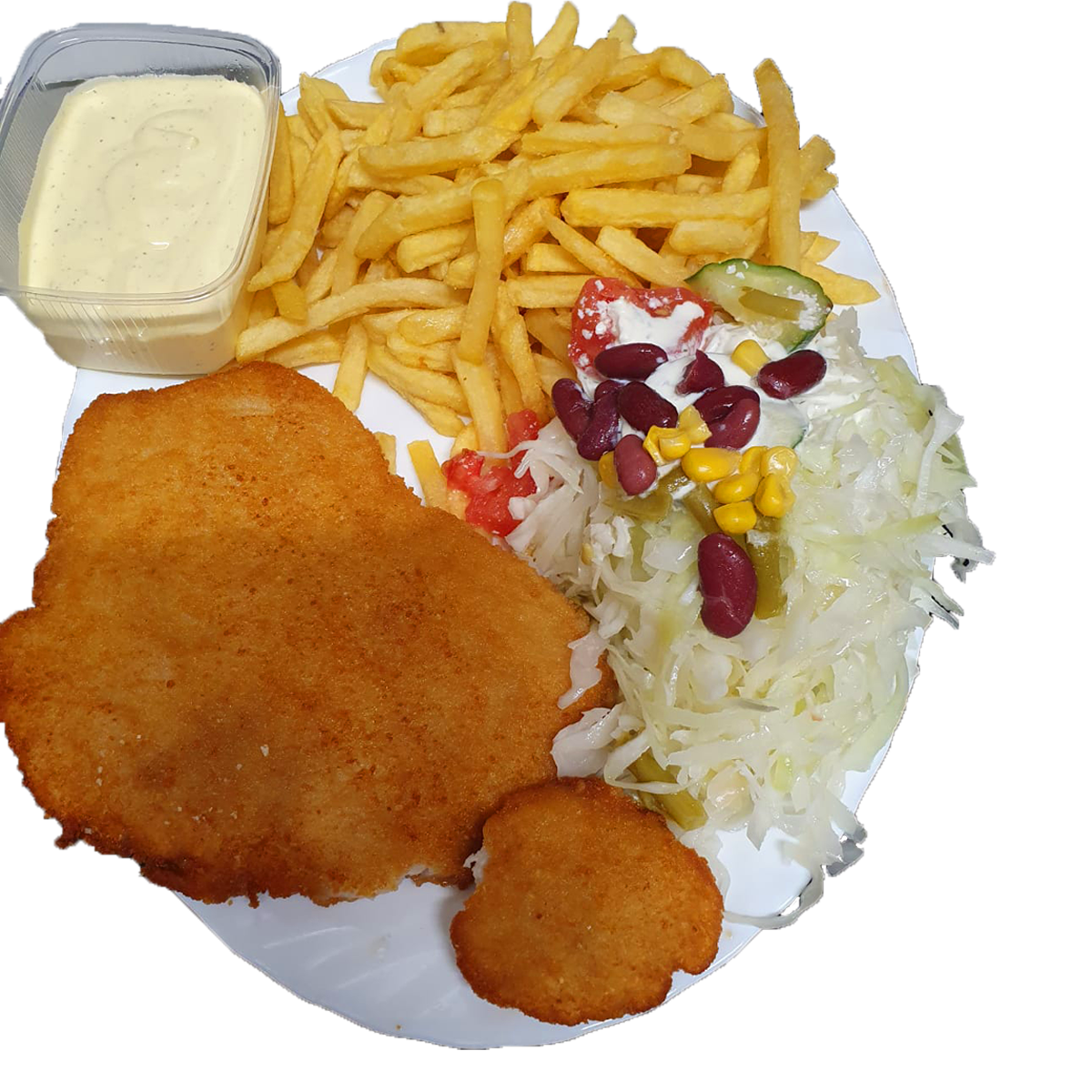 Schnitzel in Sauce Bearnaise dazu Pommes Frites und gemischtem Salat ...